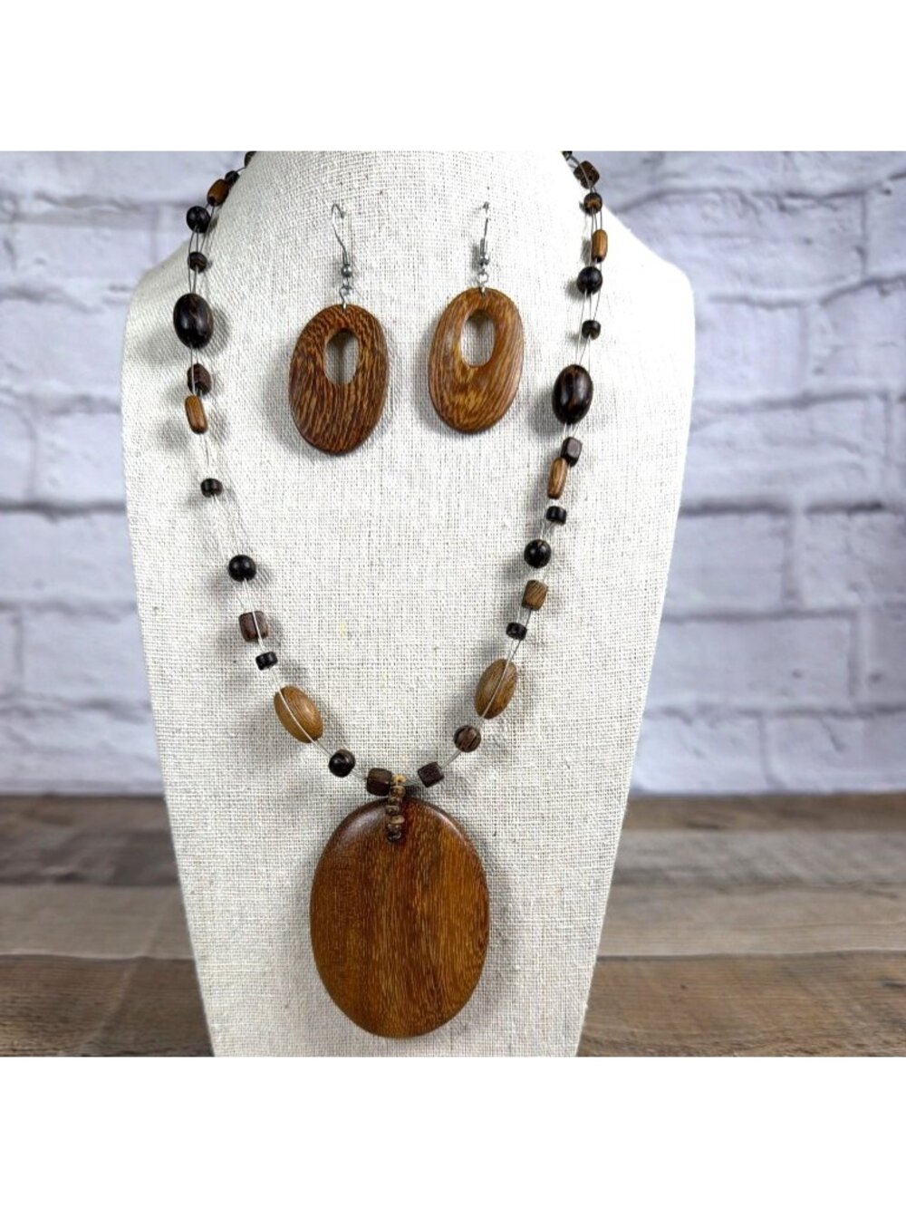 Natural Wood Beaded Oval Pendant Statement Necklace Earring Resort Set Boho Chic